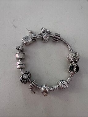 Pandora Silver Charm Bracelet with Black and White Accents